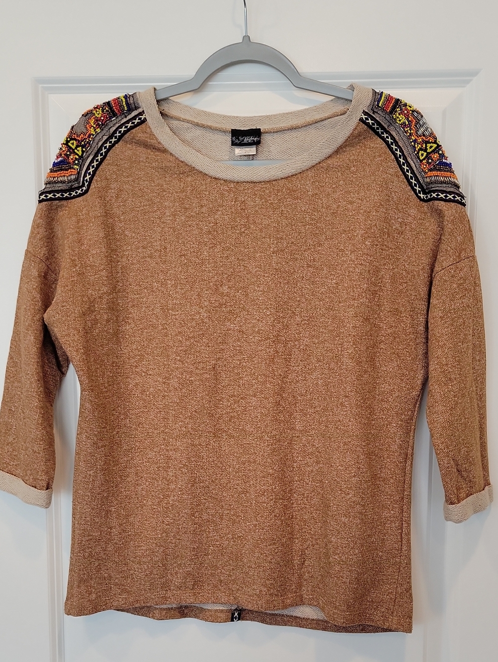 Daytrip Women's Brown Crewneck Sweater with Multicolor Beaded Shoulders Small